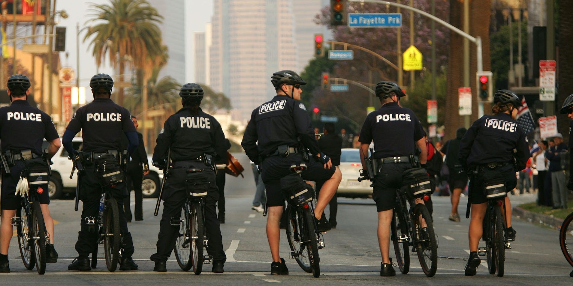Los Angeles Police Department officers on bikes on a street