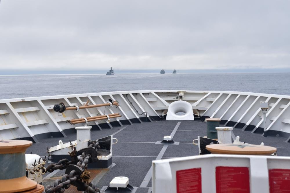 During a routine maritime patrol in the Bering Sea and Arctic region, U.S. Coast Guard Cutter Bertholf spotted and established radio contact with Chinese People’s Liberation Army Navy (PLAN) task force in international waters within the U.S. exclusive economic zone, Aug. 30, 2021