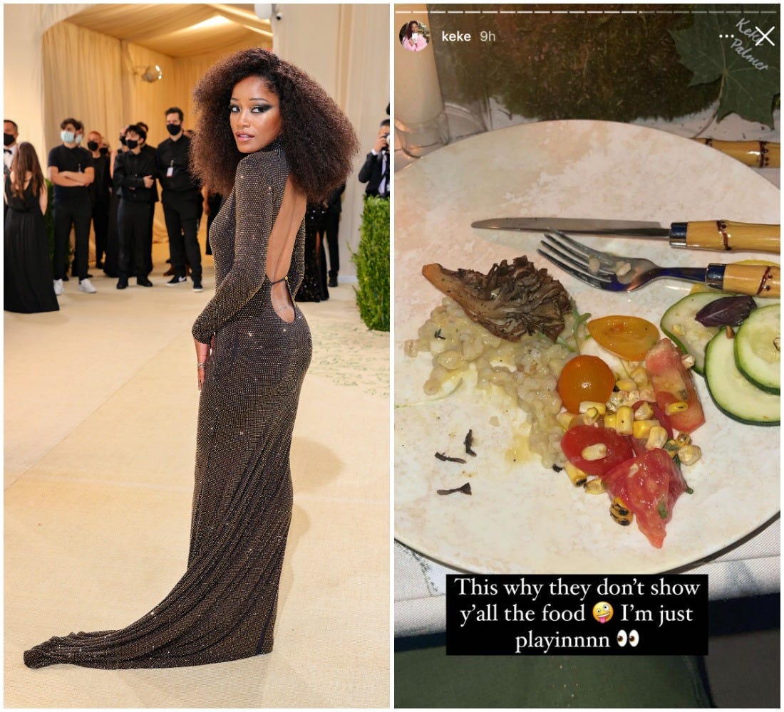 Keke Palmer pictured on the Met Gala 2021 red carpet (left) and a screenshot of her food (right).