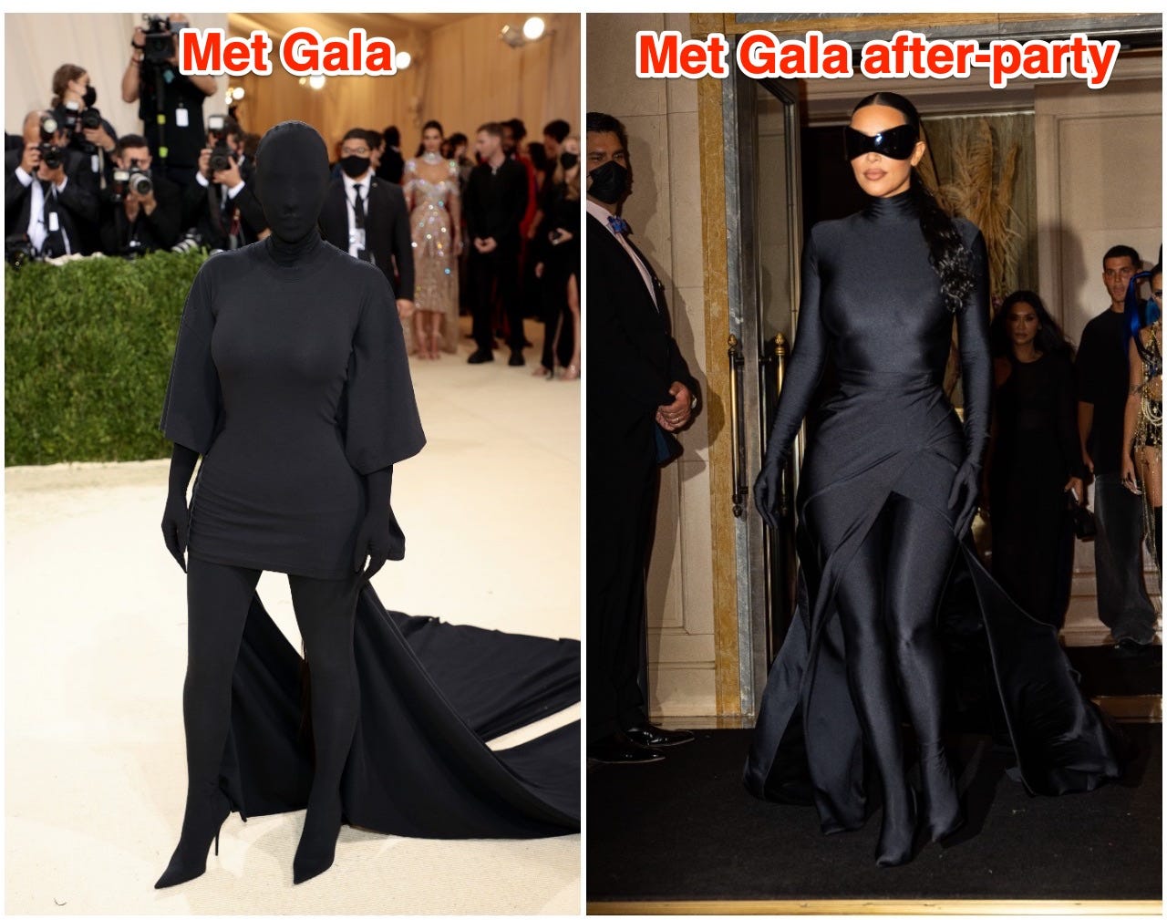 Kim Kardashian at the Met Gala 2021 (left) and on her way to the after-party (right).