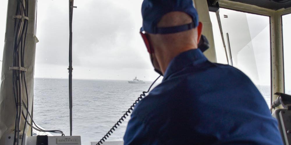 During a routine maritime patrol in the Bering Sea and Arctic region, U.S. Coast Guard Cutter Bertholf spotted and established radio contact with Chinese People’s Liberation Army Navy (PLAN) task force in international waters within the U.S. exclusive economic zone, Aug. 30, 2021