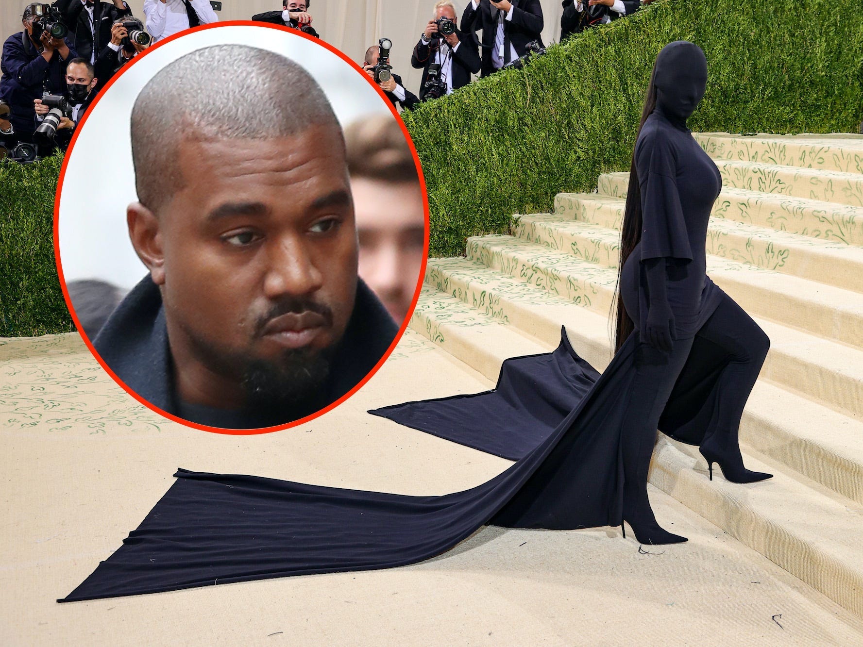 A photo of Kim Kardashian West at the Met Gala with an inset of Kanye West.