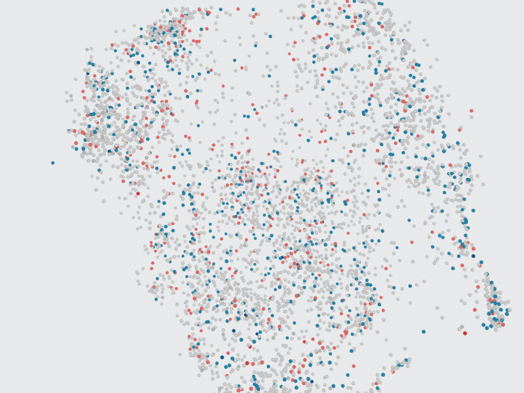 A map of blue and red dots. Red dots symbolize cannabis strains labeled "sativa" and blue dots symbolize those labeled "indica."
