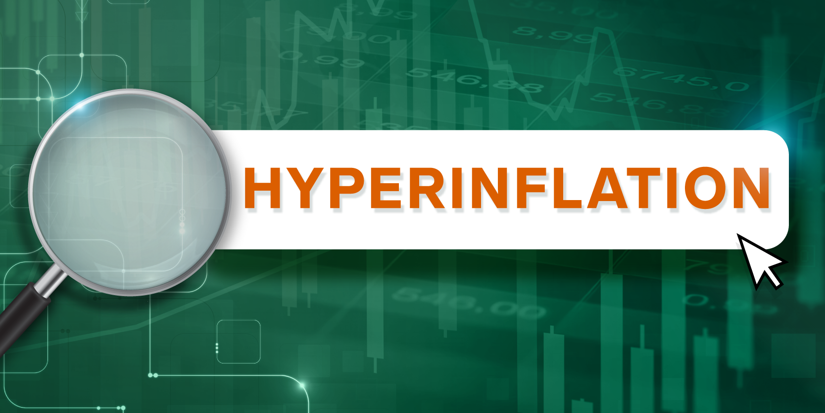 Large magnifying glass with orange text, "hyperinflation," on green background with stock chart 2x1