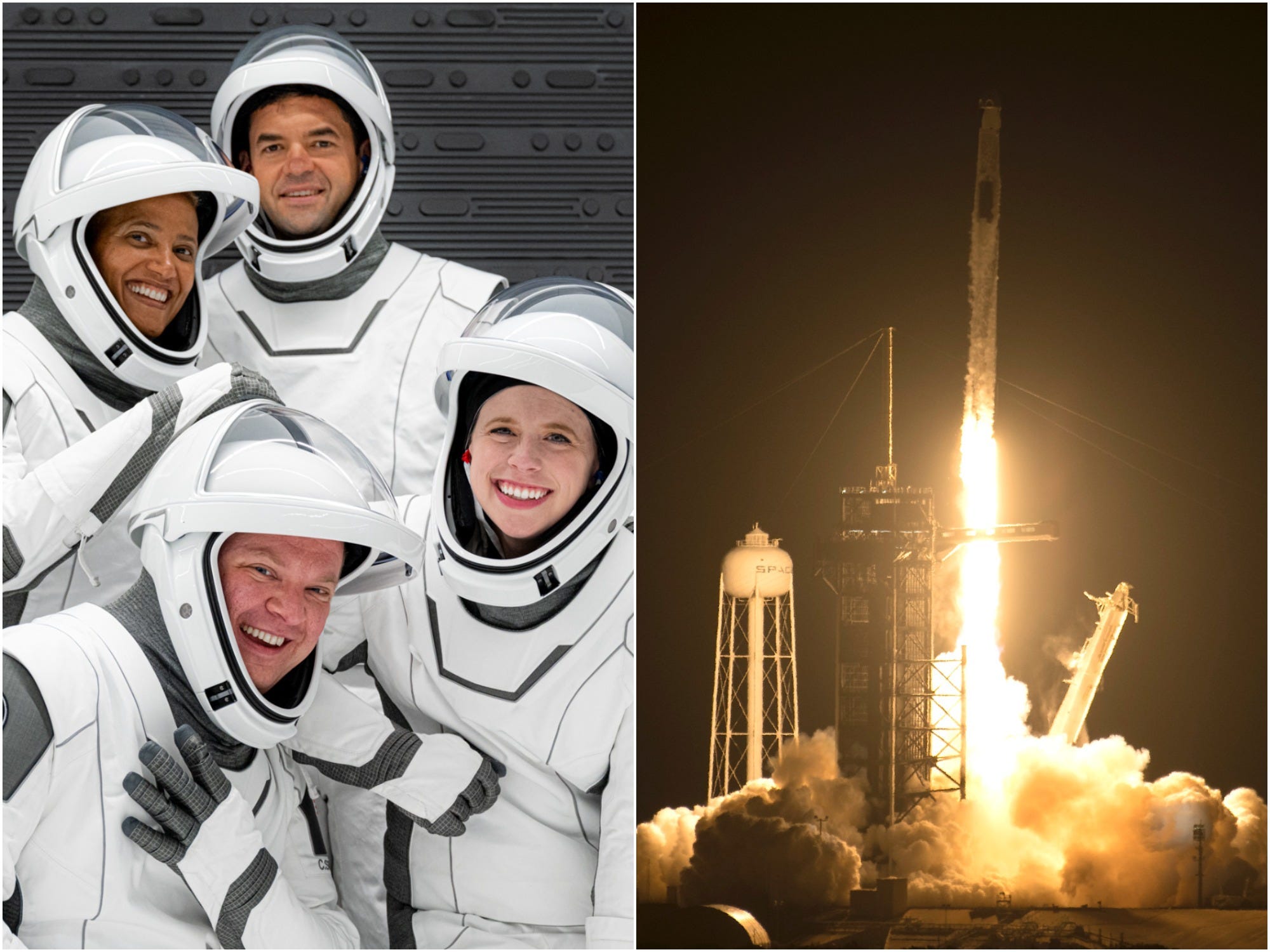 inspiration4 crew members pose in spacesuits in front of grey wall side-by-side image with falcon 9 rocket launches at night