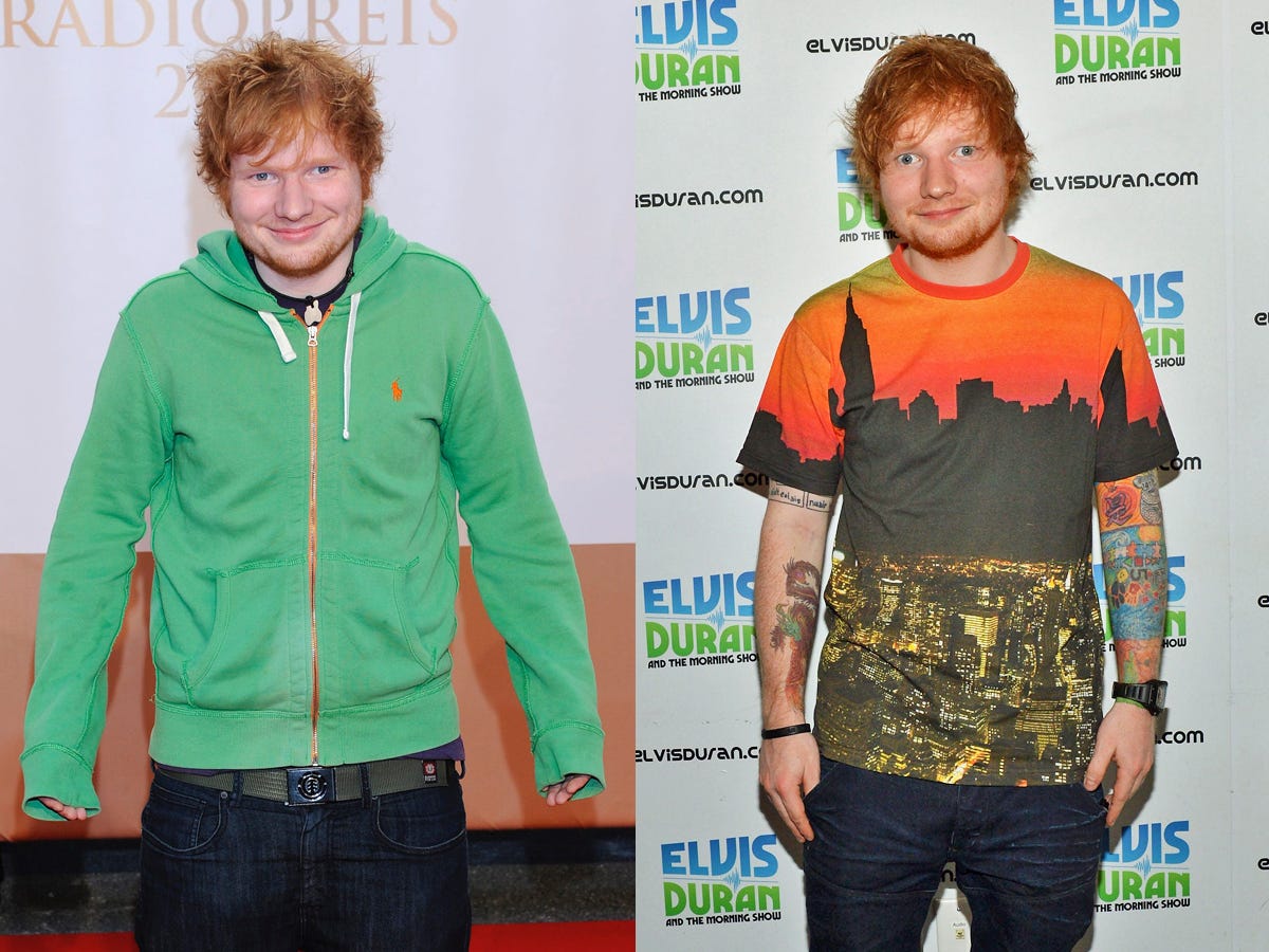 Ed Sheeran (a man with red hair) in two photos of red carpet events.