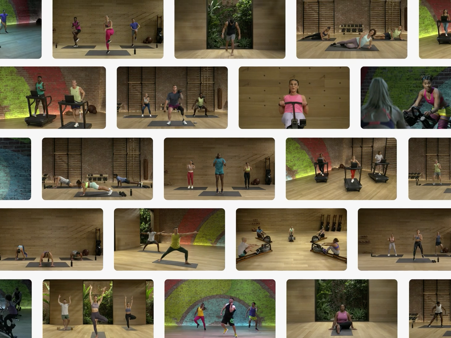 Small rectangles with stills of workouts from Apple Fitness Plus