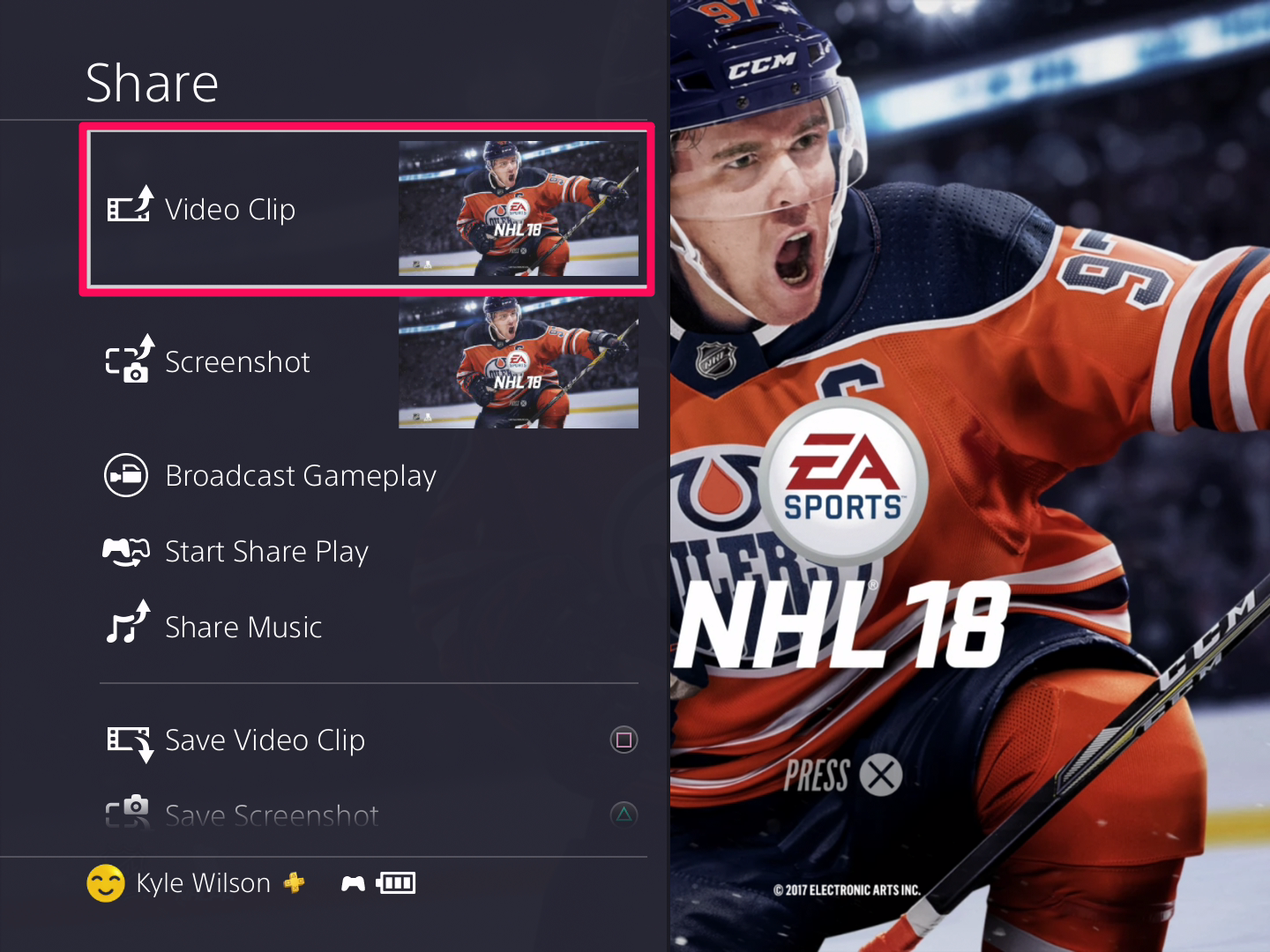 A screenshot of the PS4 share screen with a box around the Video Clip option.