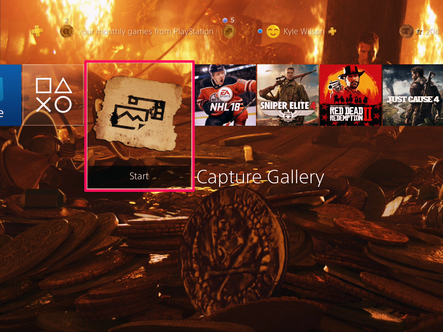 A screenshot of the PS4 home screen with a box around the Capture Gallery menu option.