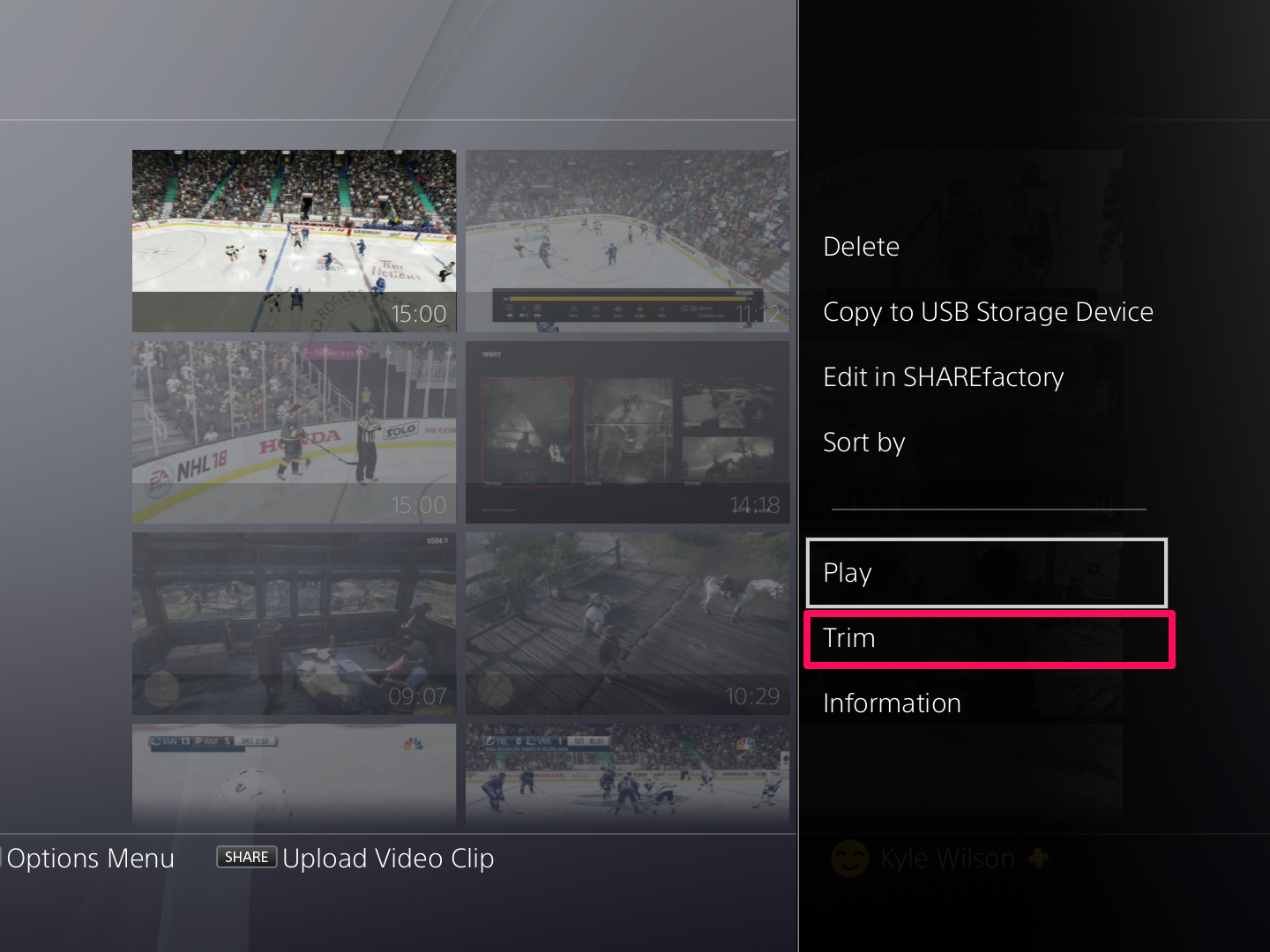 A screenshot of the PS4 capture gallery with a clip selected and a box around the Trim option.