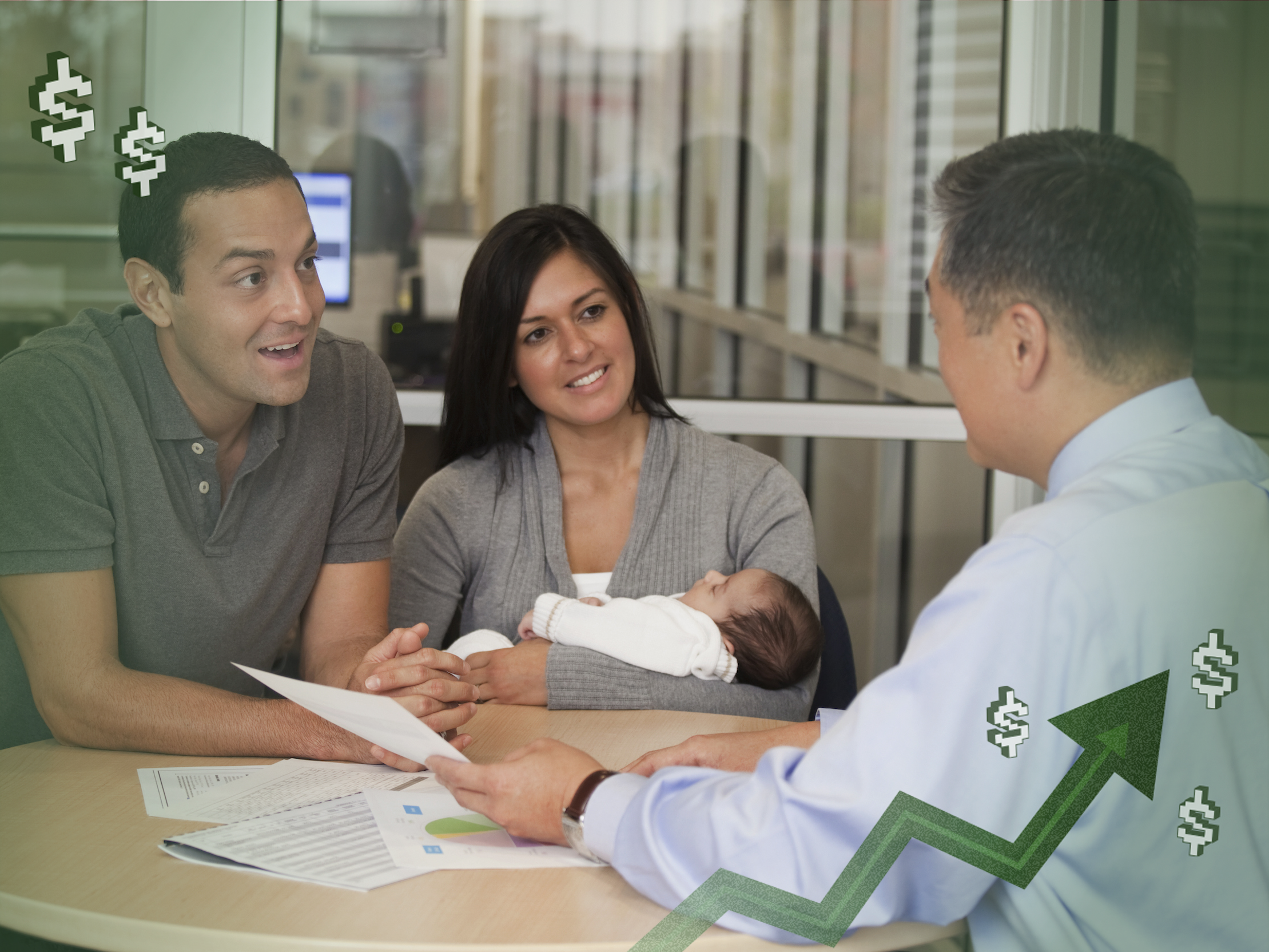 Hispanic couple with baby talking to financial advisor.