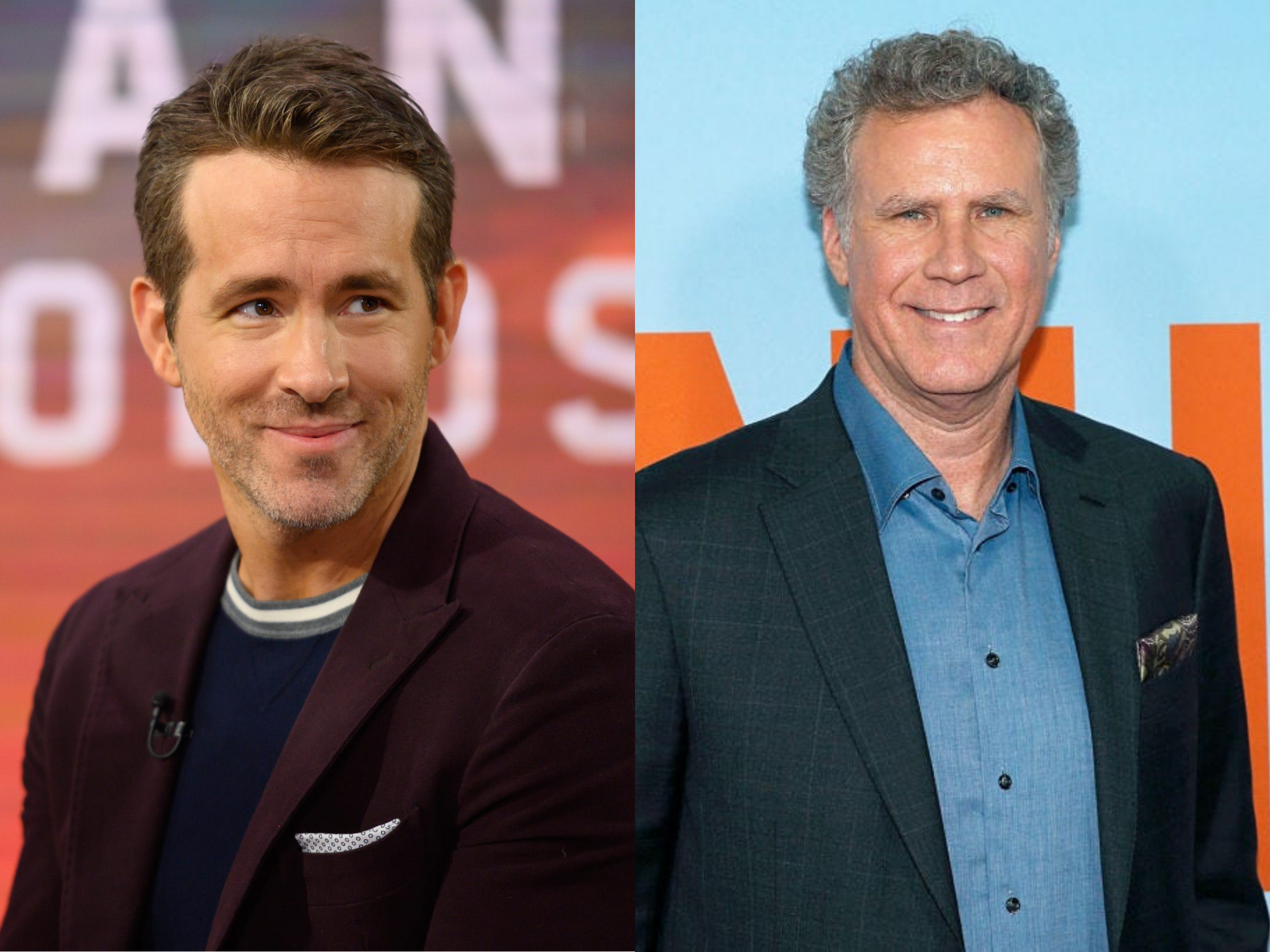 left; ryan reynolds wearing a maroon suit jacket and smiling while looking slightly towards his left; right: will ferrell wearing a blue shirt and navy jacket while looking at the camera