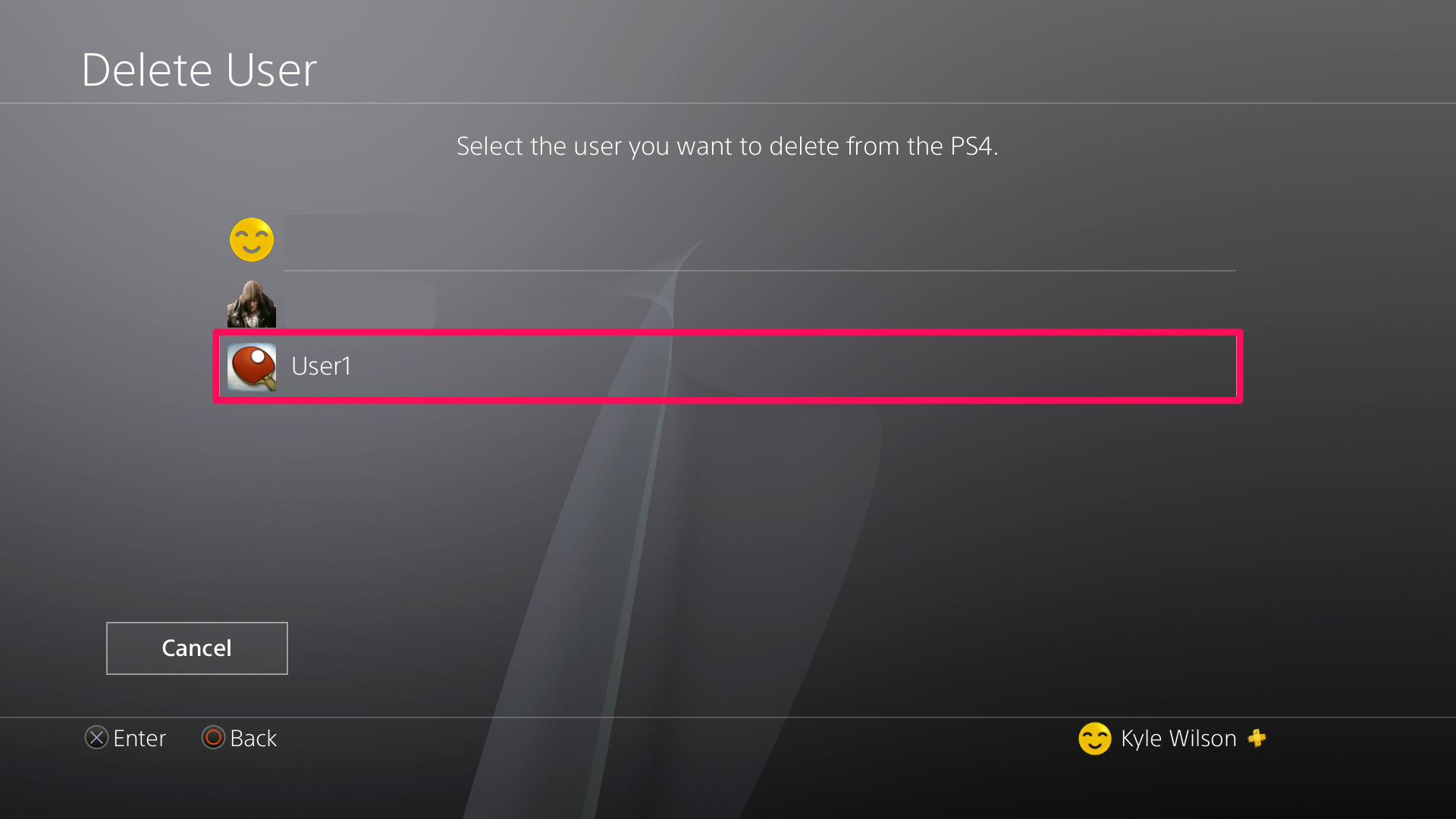 A screenshot of the PS4 Delete User screen with a box around a user named User1.