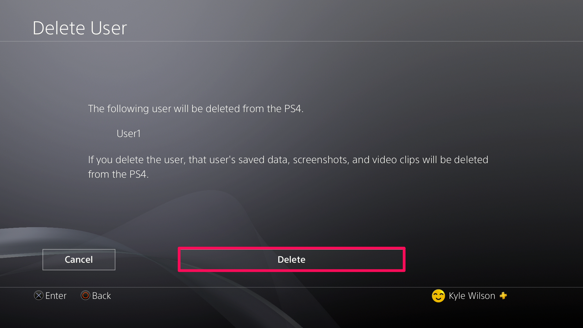 A screenshot of the PS4 Delete User screen with a box around the delete button.