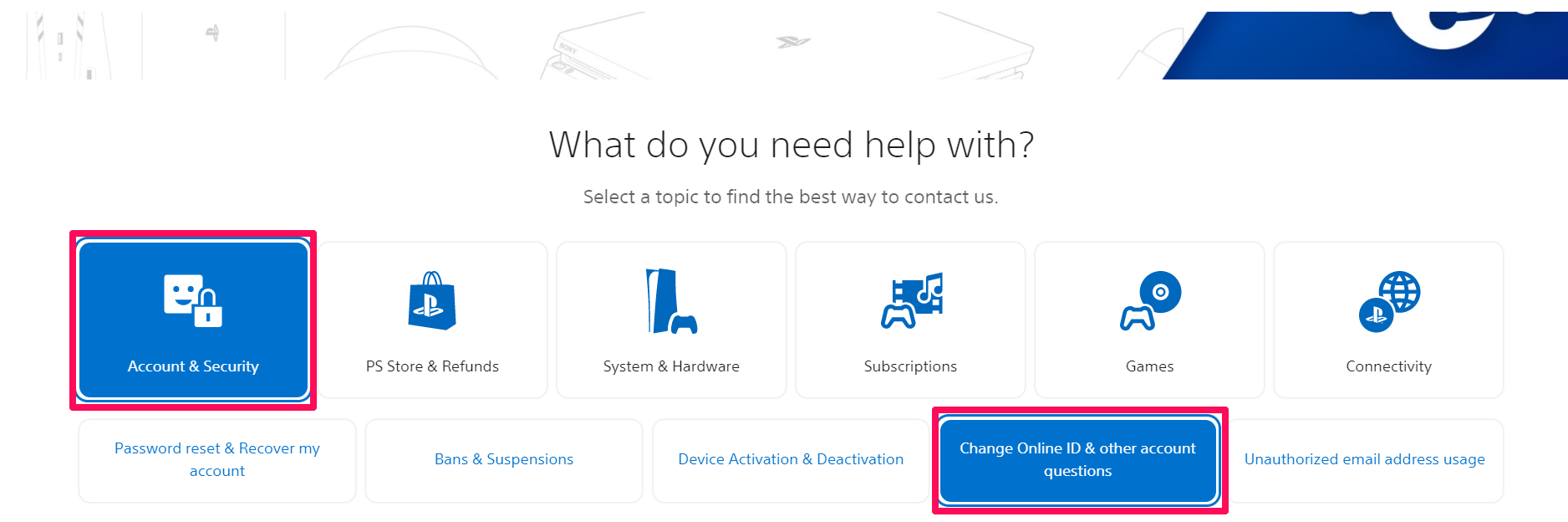 A screenshot of the PlayStation support contact page with a box around the "Account & Security" menu option and another box around the "Change Online ID & other account questions" submenu option.