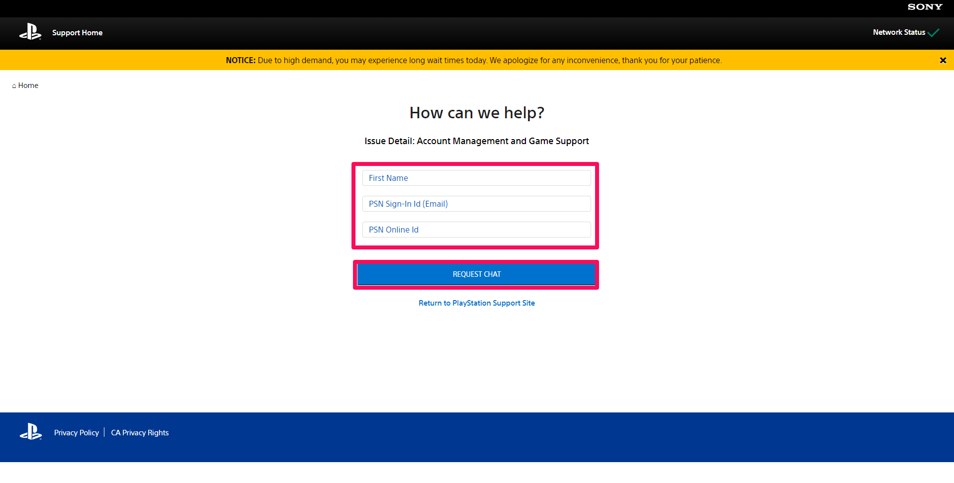 A screenshot of the PlayStation support Live Chat with a box around the account-identifying fields and the "Request chat" button.
