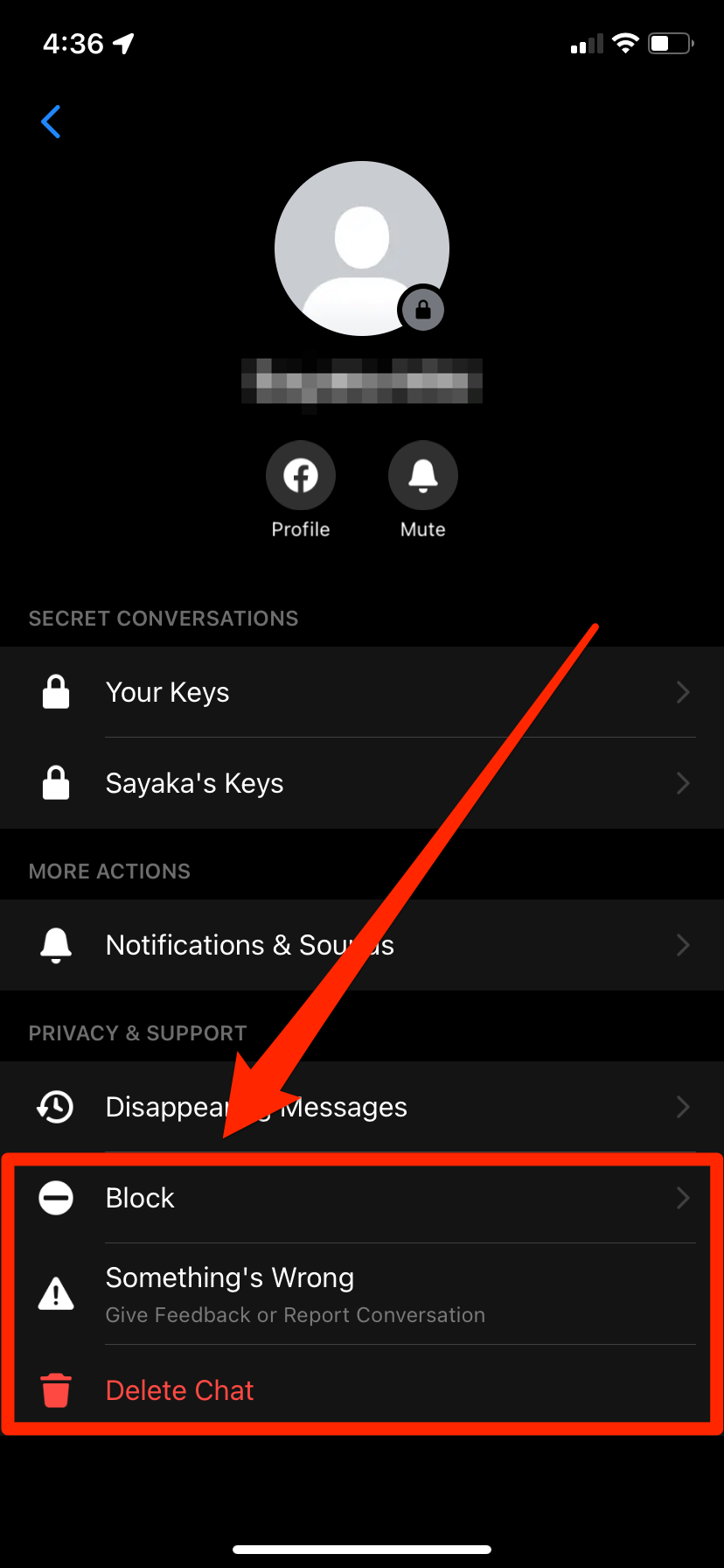 The options menu of a secret conversation in the iPhone messenger app. The "Block," "Something's Wrong," and "Delete Chat" options are highlighted.