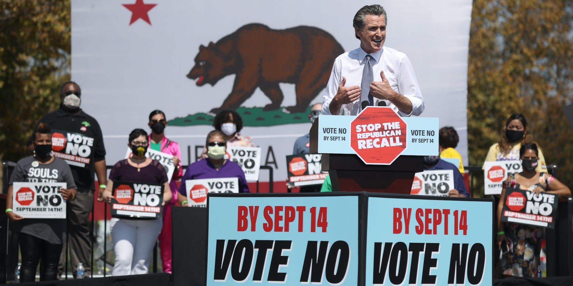 California Gov. Gavin Newsom speaks during a No on the Recall campaign event with U.S. Vice President Kamala Harris at IBEW-NECA Joint Apprenticeship Training Center on September 08, 2021 in San Leandro, California