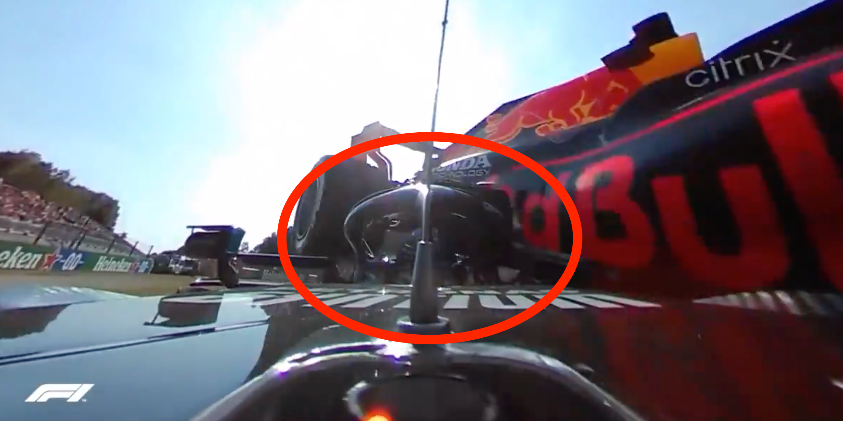 Max Verstappen's car hits Lewis Hamilton's head during the 2021 Italian Grand Prix