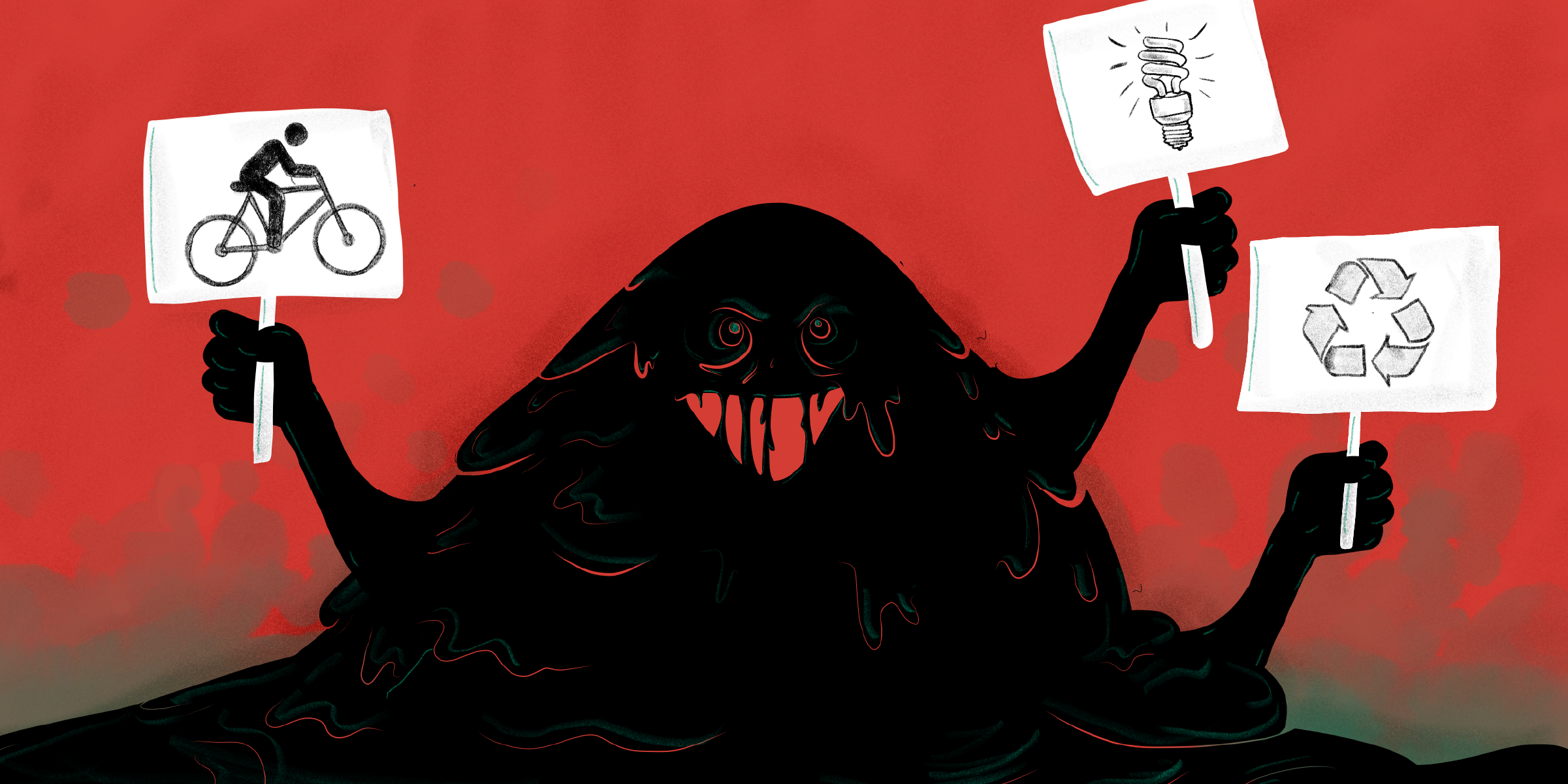Illustration of a pollution monster holding up picket signs promoting biking, energy-efficient lightbulbs, and recycling