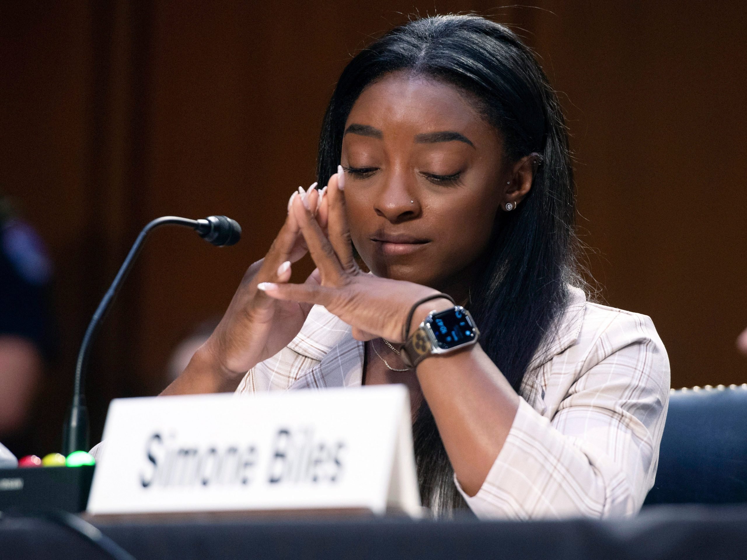 Simone Biles speaks at a Senate hearing on the Larry Nassar abuse scandal