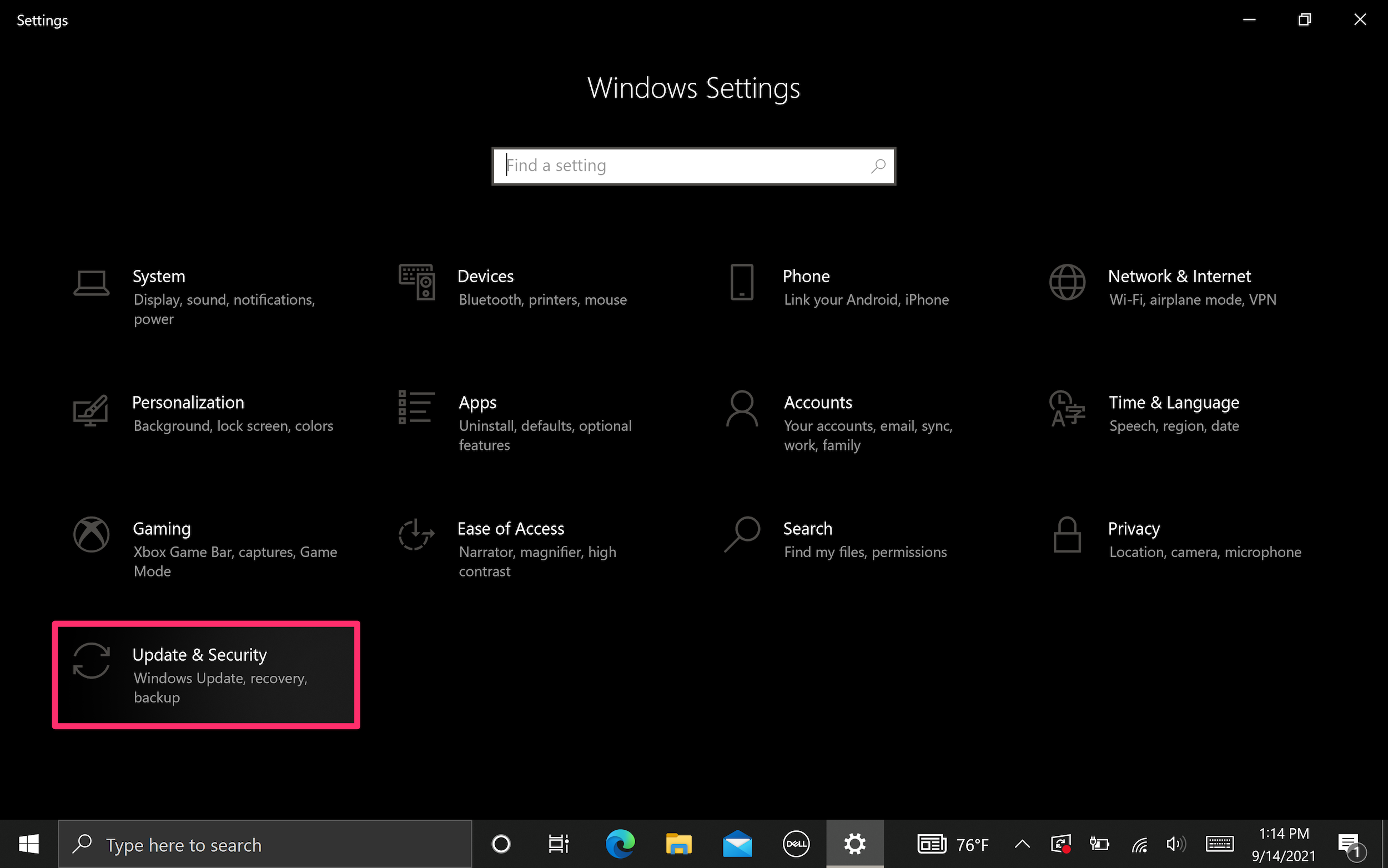 Screenshot of Windows Settings menu