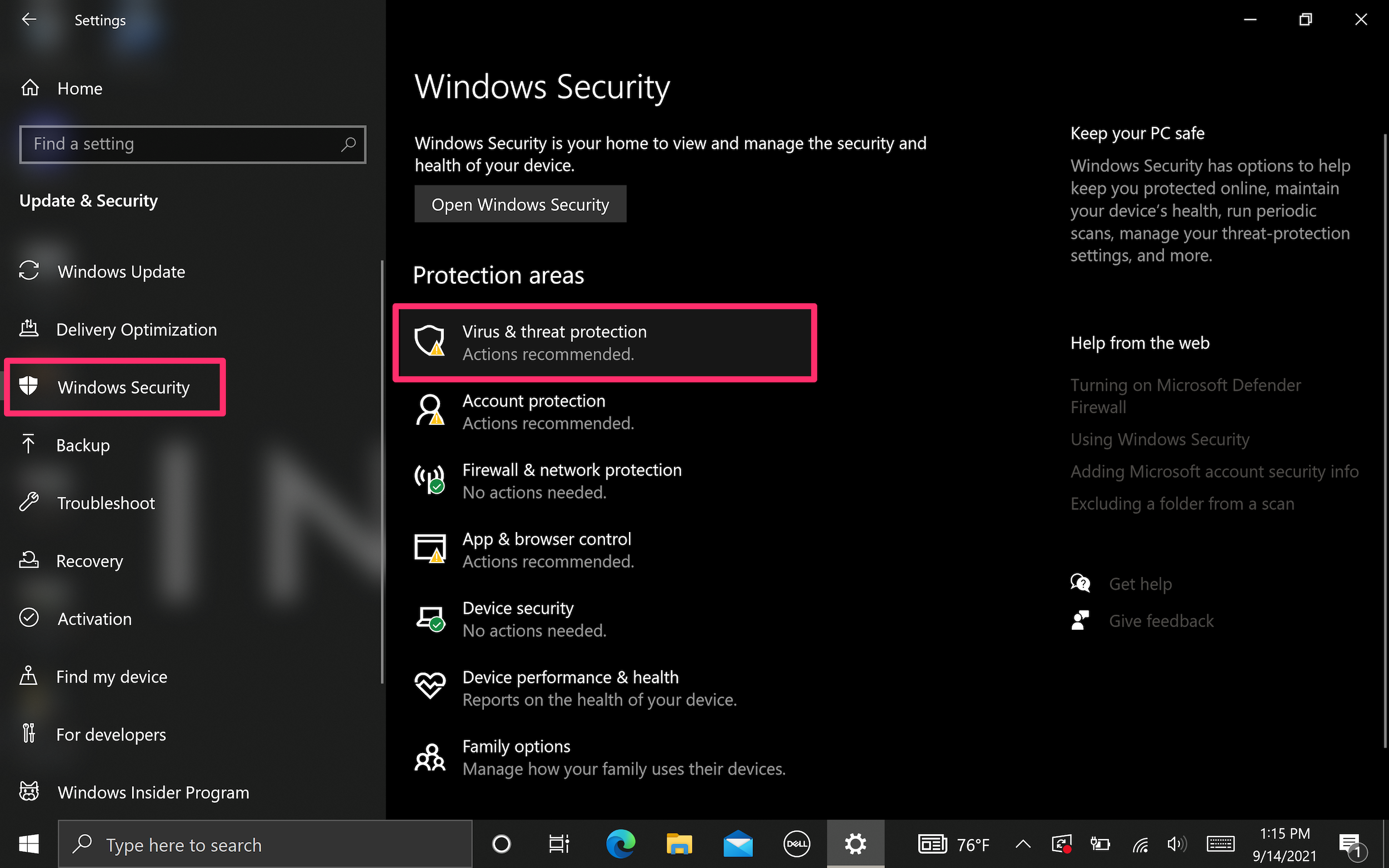 Screenshot of Windows Security tab with "Virus & threat protection" highlighted