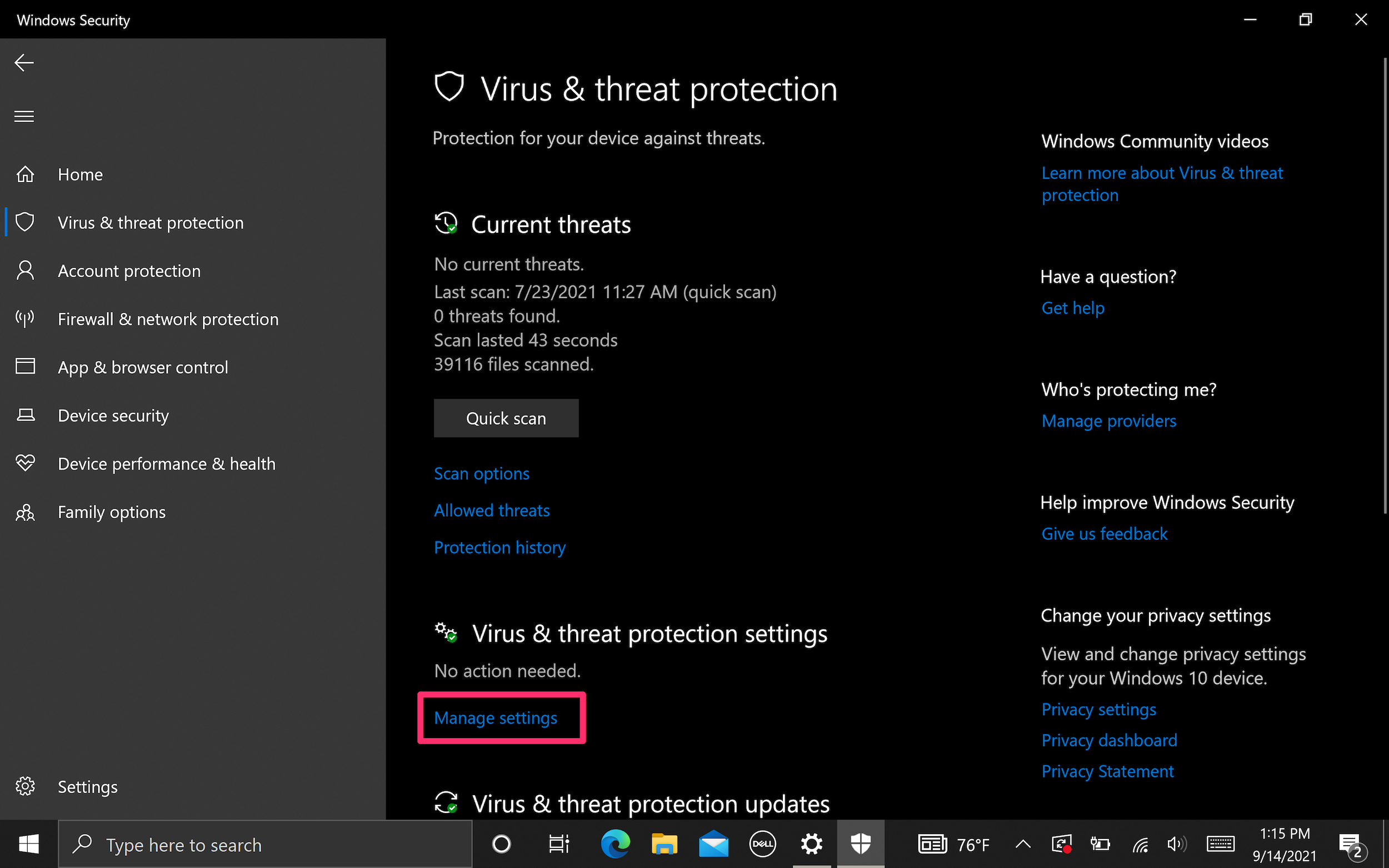 Screenshot of Virus and threat protection section in Windows Settings
