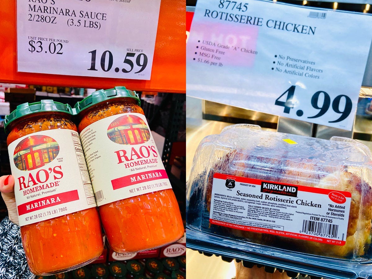 On the left, hand holding two jars of Rao's marinara sauce. On the right, hand holding a plastic container of costco rotisserie chicken.