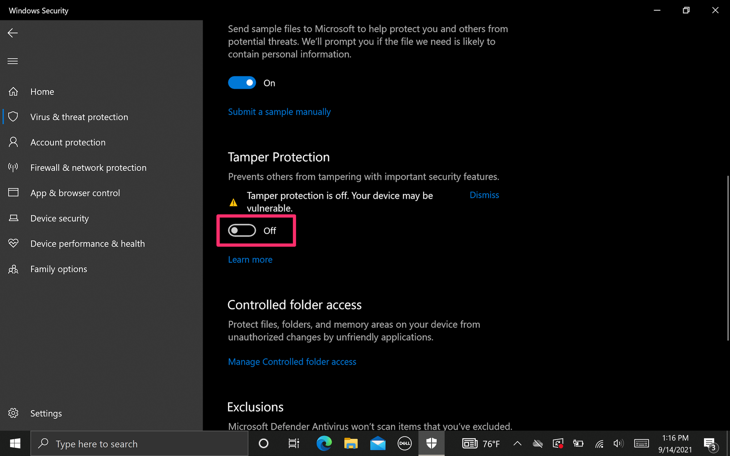 Screenshot of Tamper Protection toggle button in Windows Settings
