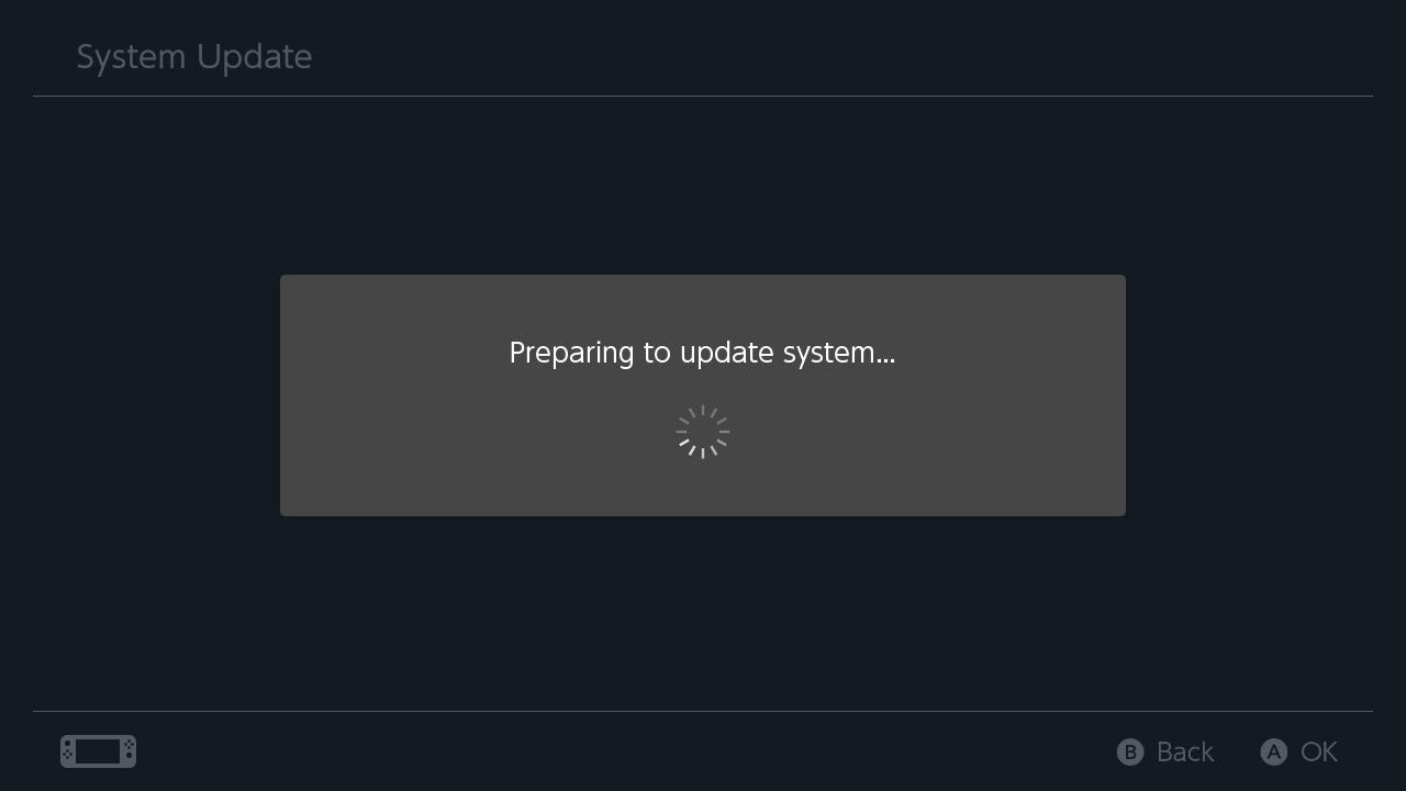 A Nintendo Switch screenshot of a page reading "Preparing to update system..."