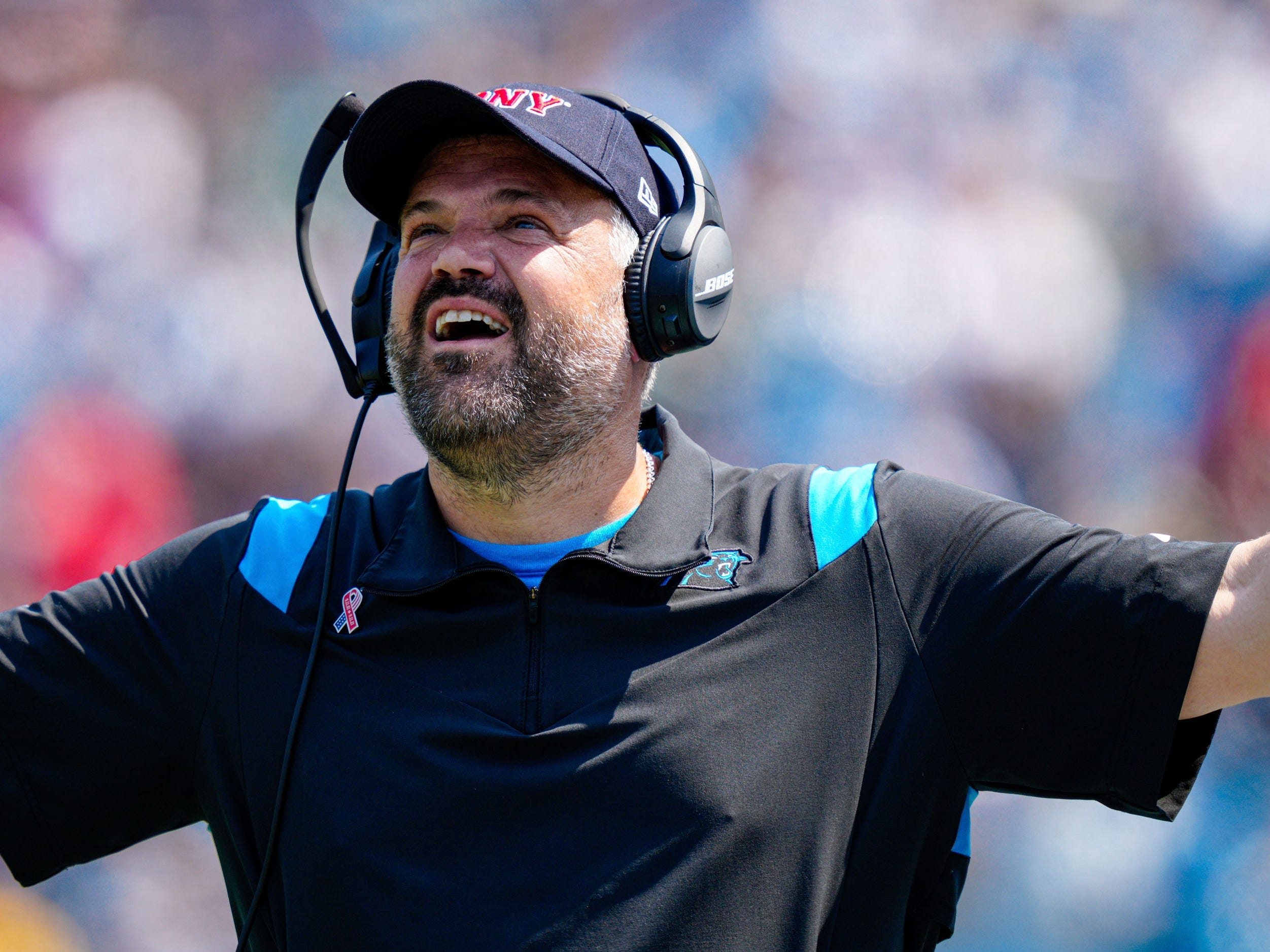 Matt Rhule reacts during a game against the Jets.