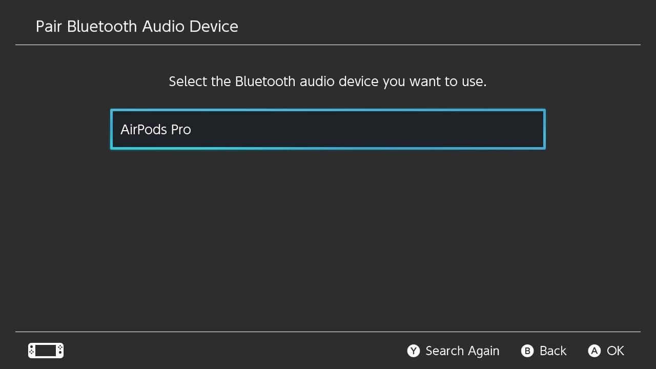 A Nintendo Switch screenshot of a page asking the user if they'd like to connect to a pair of AirPods.