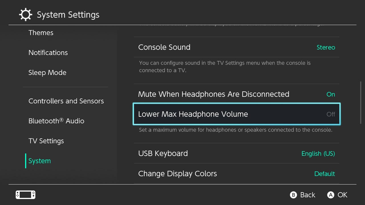 The Nintendo Switch's System settings page, with the "Lower Max Headphone Volume" option turned off.