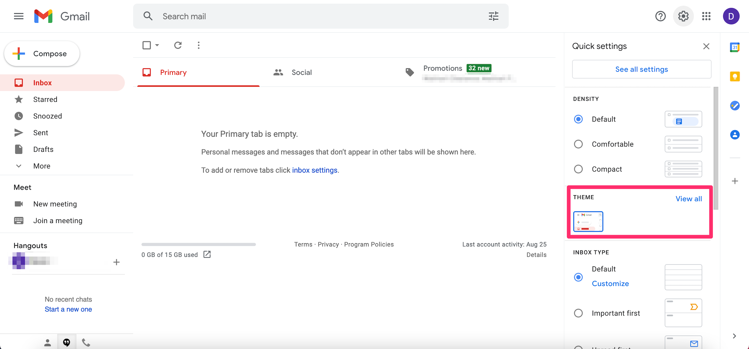 Screenshot of the settings menu in Gmail