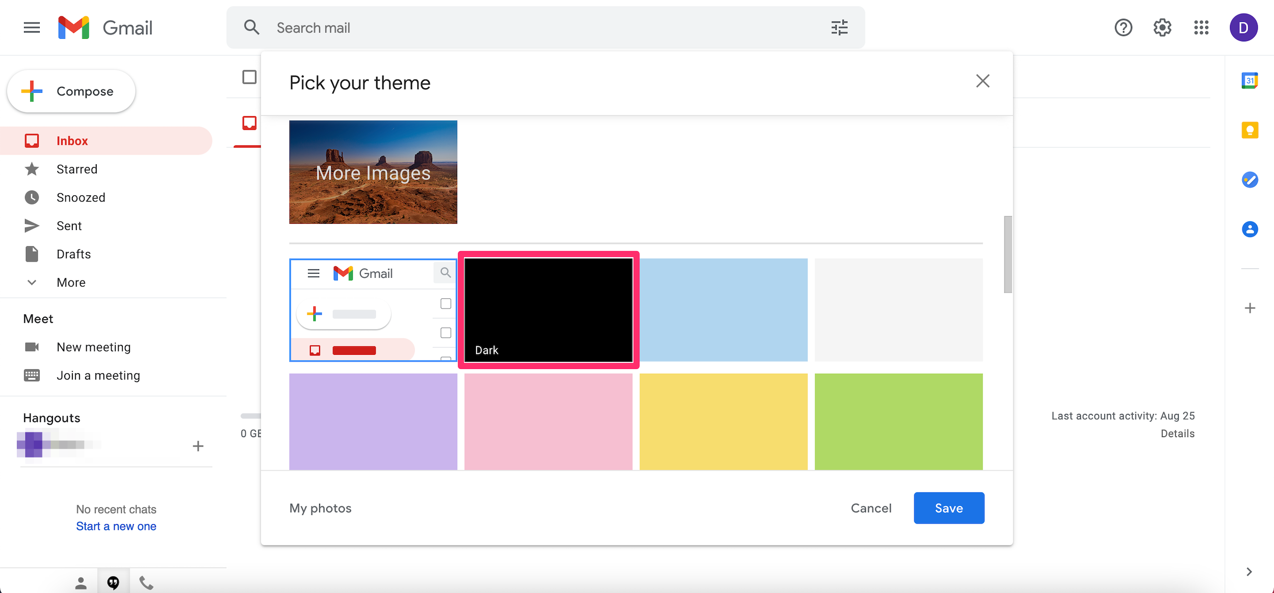 Screenshot of the themes menu in Gmail