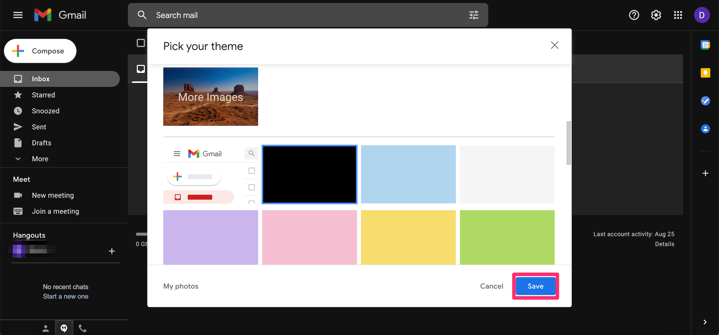 Screenshot of the themes menu in Gmail, after selecting the Dark theme