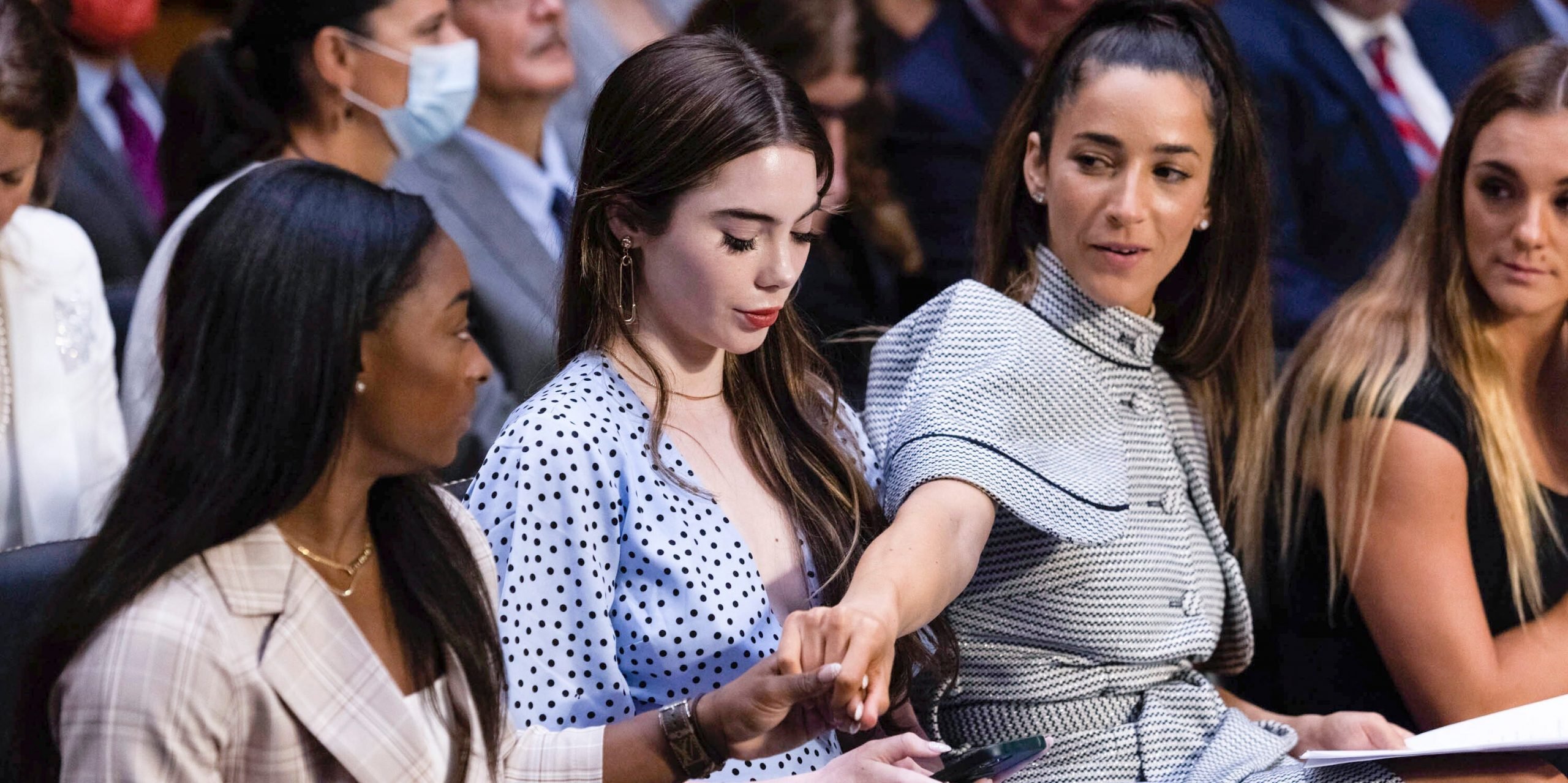 United States gymnasts from left, Simone Biles, McKayla Maroney, Aly Raisman and Maggie Nichols arrive for a Senate Judiciary hearing about the Inspector General's report on the FBI's handling of the Larry Nassar investigation on Capitol Hill, Wednesday, Sept. 15, 2021, in Washington. Nassar was charged in 2016 with federal child pornography offenses and sexual abuse charges in Michigan. He is now serving decades in prison after hundreds of girls and women said he sexually abused them under the guise of medical treatment when he worked for Michigan State and Indiana-based USA Gymnastics, which trains Olympians.