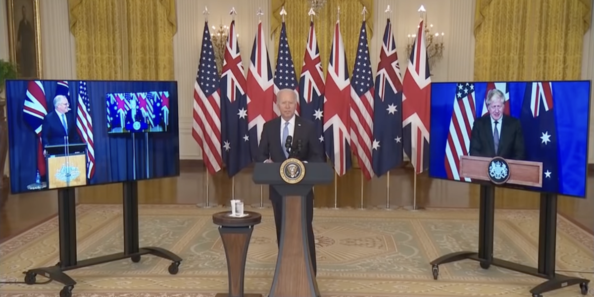 Joe Biden holds a press conference with Australian Prime Minister Scott Morrison and UK Prime Minister Boris Johnson on September 15, 2021.