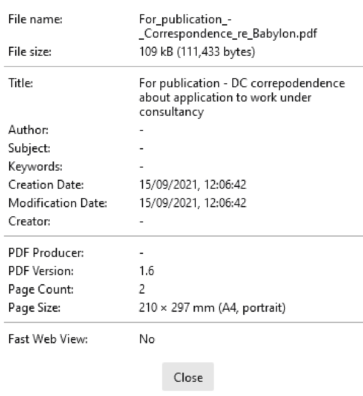 Metadata from an ACOBA letter to the Cabinet Office