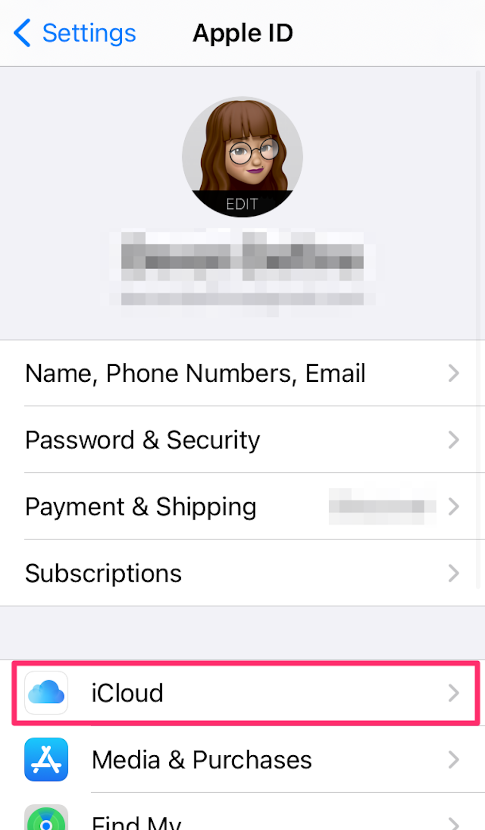 Screenshot of Apple ID page in iPhone Settings