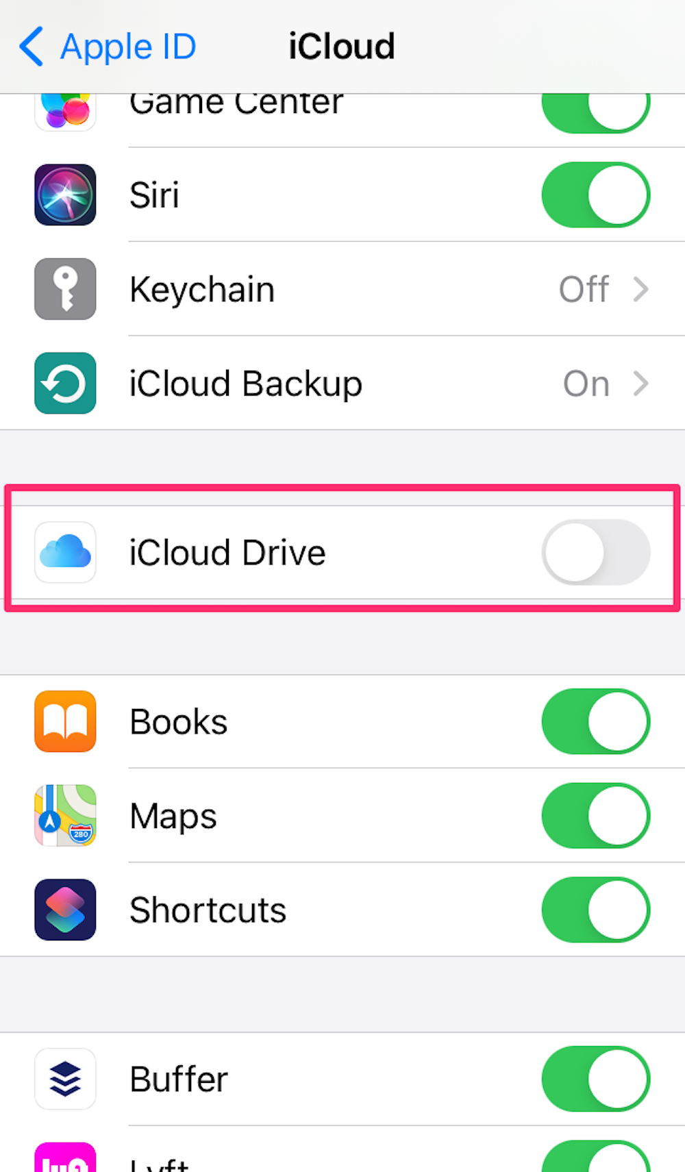 Screenshot of iCloud page in iPhone Settings