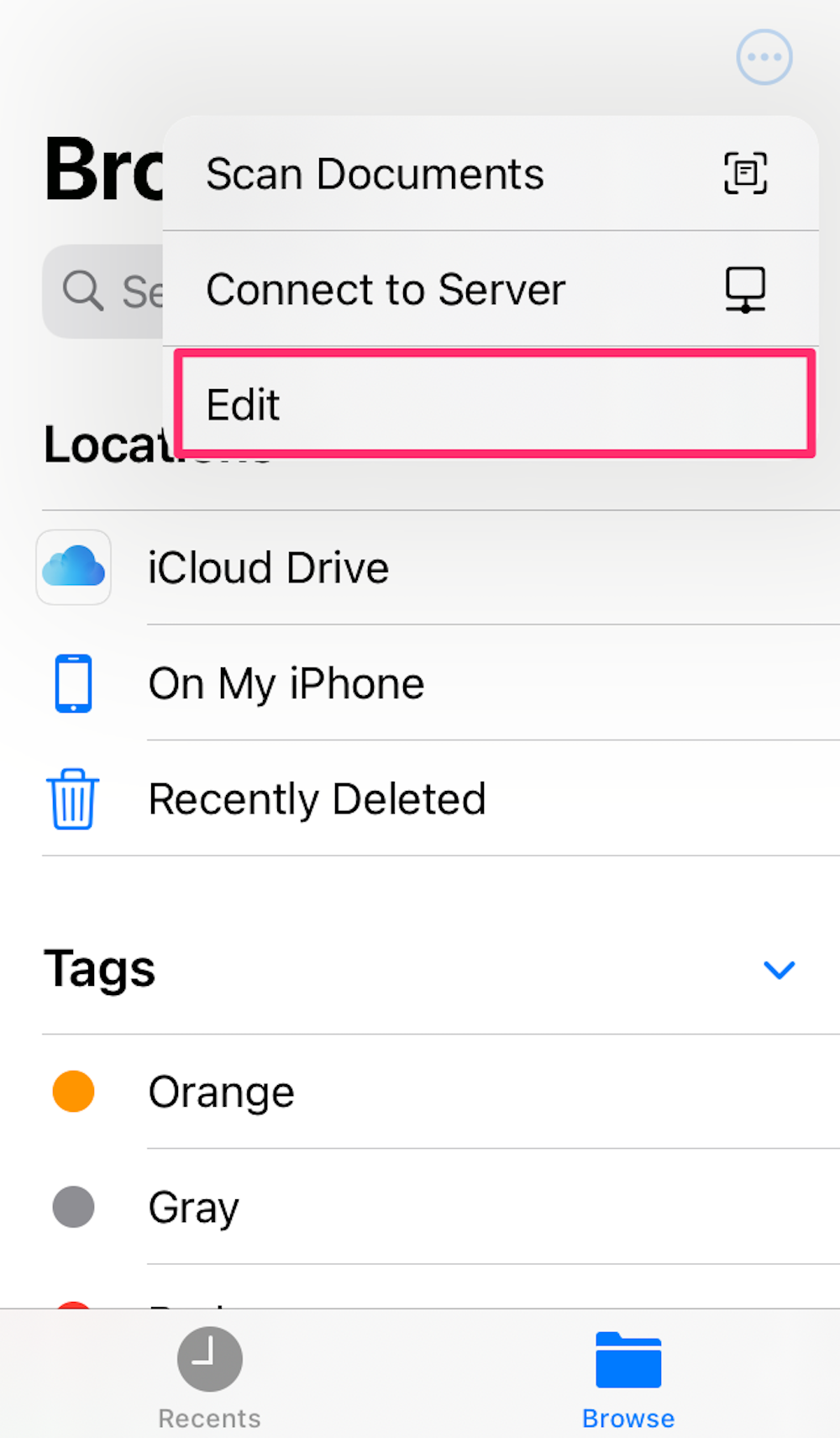 Screenshot of "Edit" button in Files app on iPhone