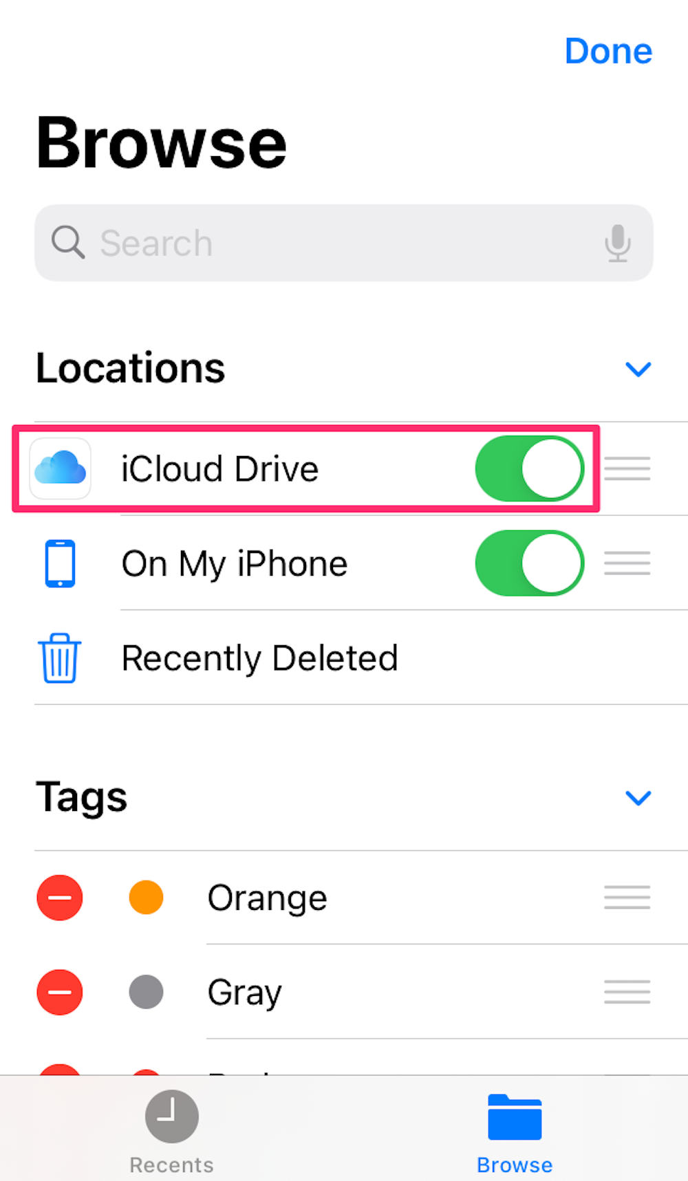 Screenshot of iCloud Drive button in Files app on iPhone