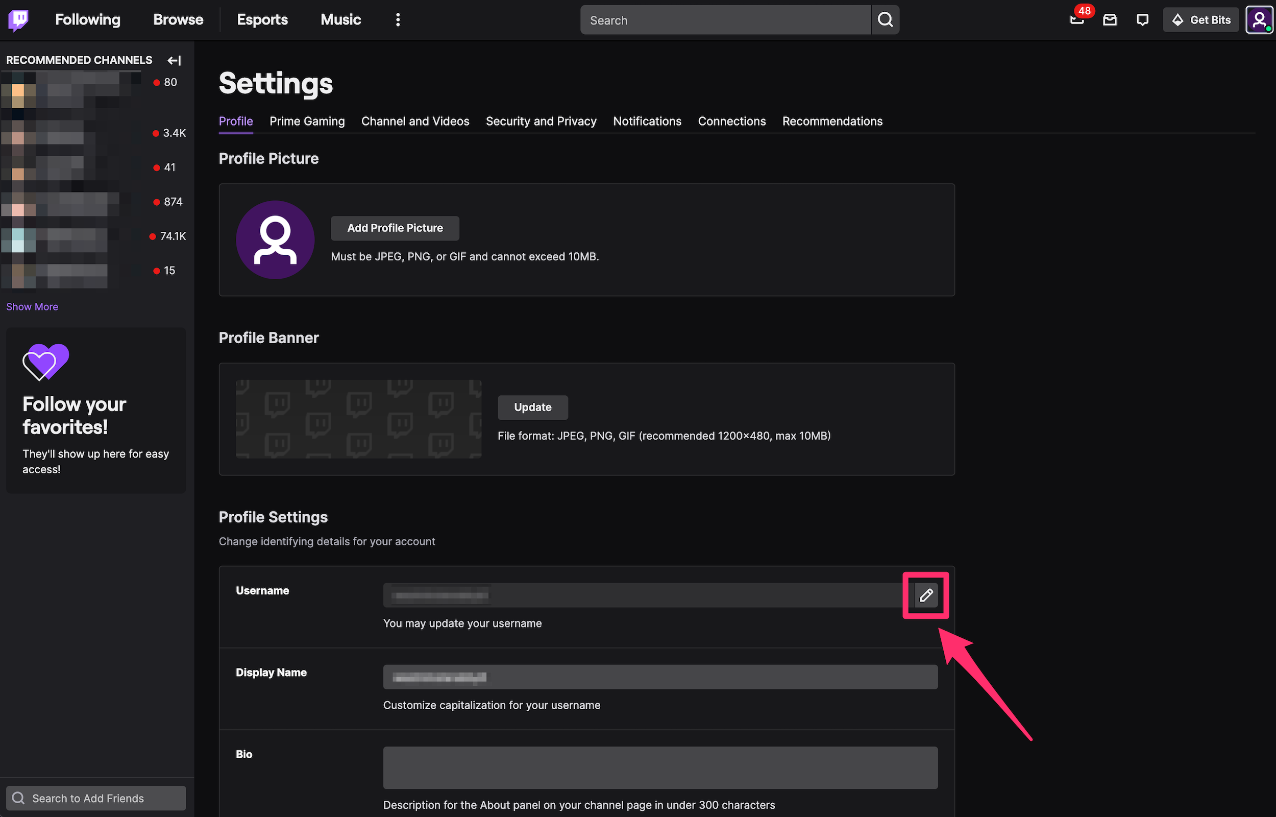 Screenshot of the Profile tab of Twitch Settings with the edit icon for username highlighted