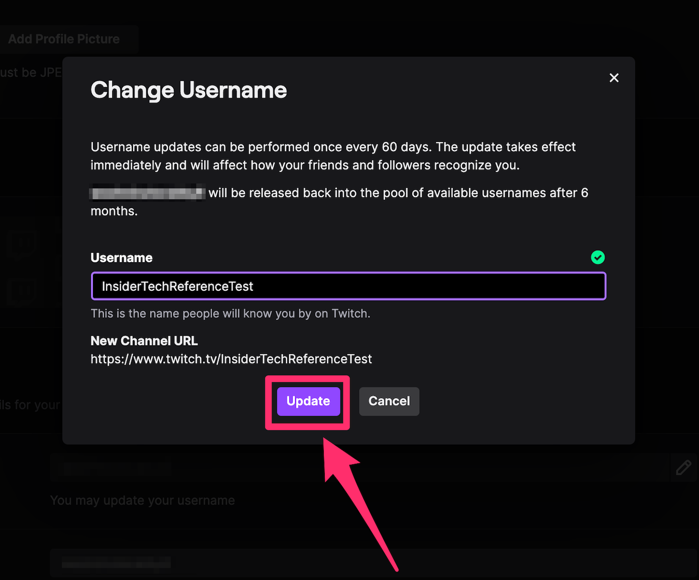 Screenshot of the Change Username pop-up window on the Twitch website