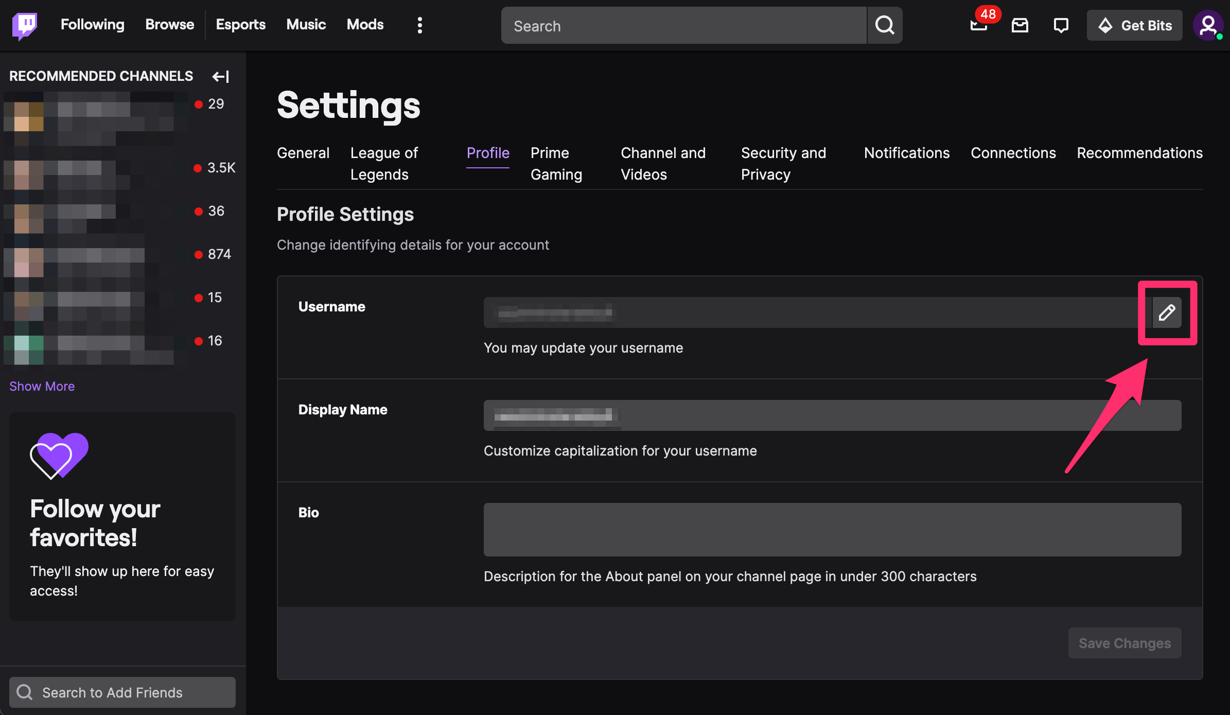 Desktop app screenshot of the Profile tab of Twitch Settings with the edit icon for username highlighted