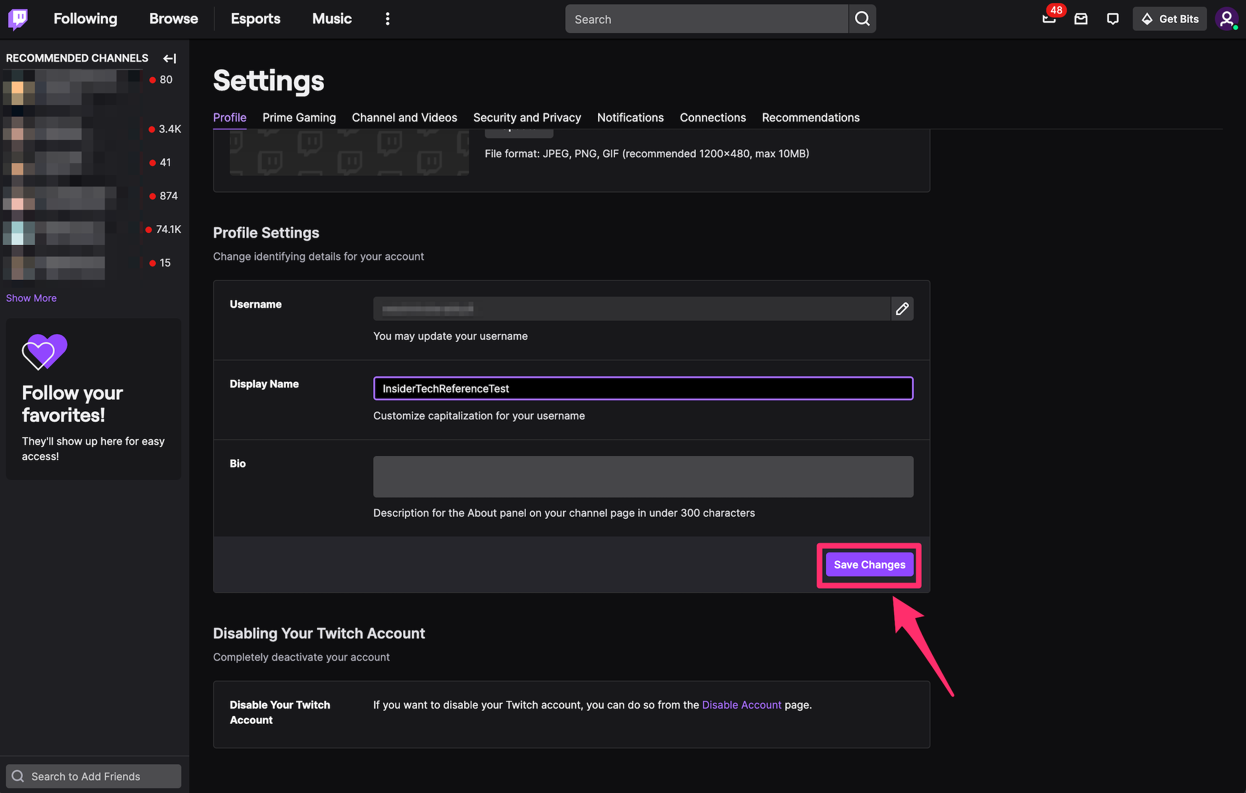 Screenshot of the Profile tab of Twitch Settings with the Save Changes button highlighted