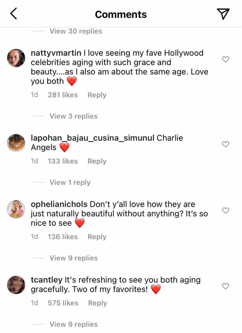 Screenshots from Drew Barrymore's Instagram comments show fans supporting her and Cameron Diaz's "unedited" selfie.