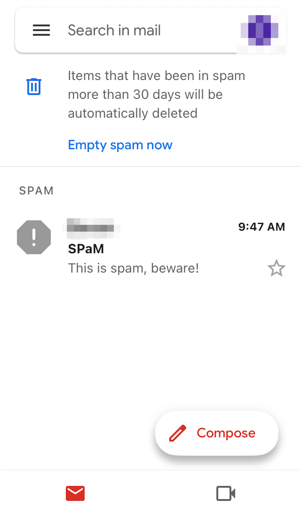 Screenshot of the Spam folder in the Gmail app